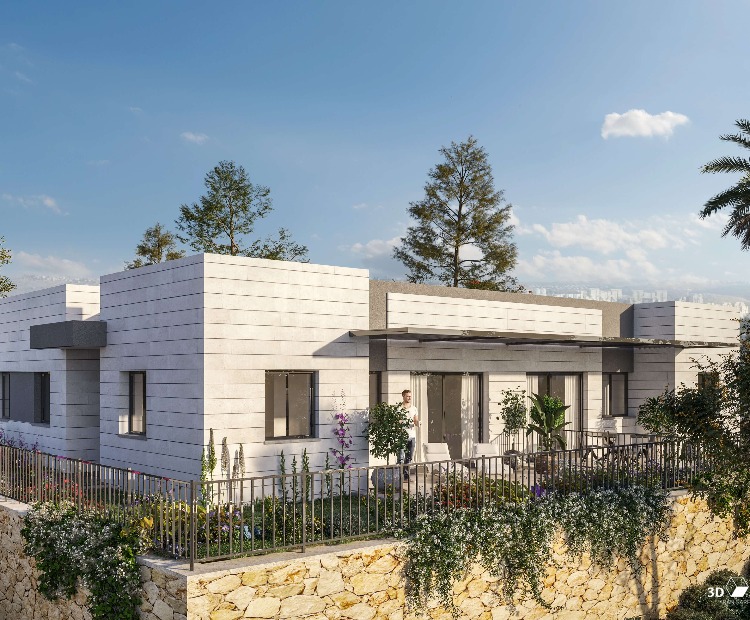 בתים עם גינות עם עצים וצמח מטפס על הקיר, מדרגות, מדרכה ומכוניות חונות